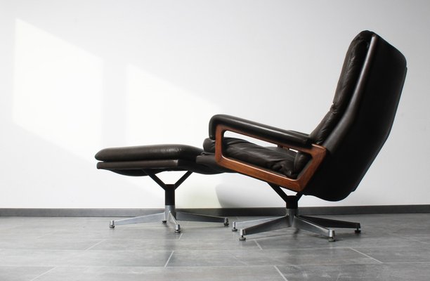 King Chair with Footrest in Brown Leather by André Vandenbeuck for Strässle, 1970s, Set of 2-IV-1801161