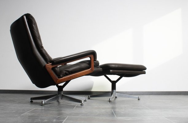 King Chair with Footrest in Brown Leather by André Vandenbeuck for Strässle, 1970s, Set of 2-IV-1801161