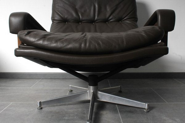 King Chair with Footrest in Brown Leather by André Vandenbeuck for Strässle, 1970s, Set of 2-IV-1801161