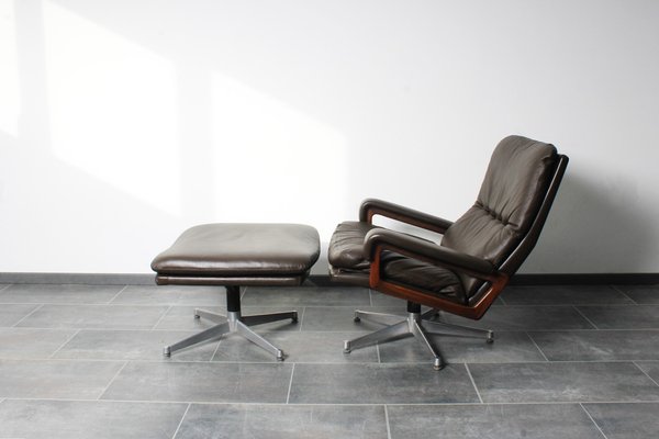 King Chair with Footrest in Brown Leather by André Vandenbeuck for Strässle, 1970s, Set of 2-IV-1801161