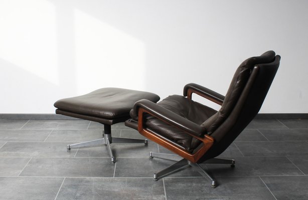 King Chair with Footrest in Brown Leather by André Vandenbeuck for Strässle, 1970s, Set of 2-IV-1801161