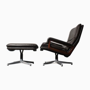 King Chair with Footrest in Brown Leather by André Vandenbeuck for Strässle, 1970s, Set of 2-IV-1801161