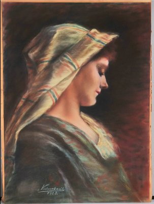 Kurucsai, Portrait of a Lady with a Scarf, 1928, Pastel on Paper-QOR-2026899