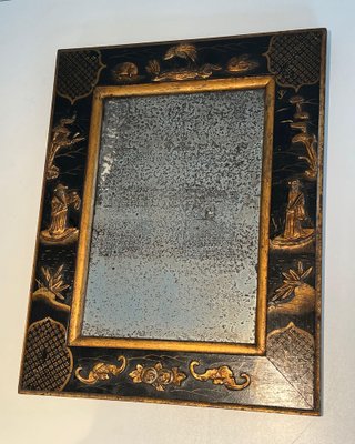 Lacquered and Gilded Mirror with Chinoiserie Decoration in the style of Maison Jansen, 1940-BA-1698358