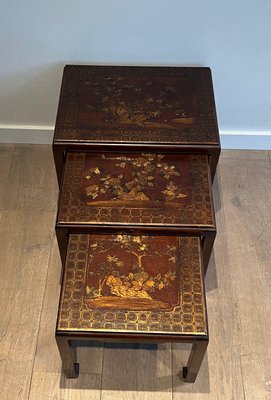 Lacquered Nesting Tables with Chinese Details, 1940s, Set of 3-BA-1700707