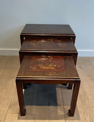 Lacquered Nesting Tables with Chinese Details, 1940s, Set of 3-BA-1700707