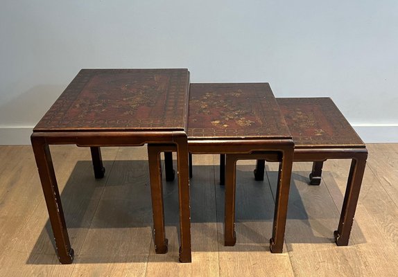 Lacquered Nesting Tables with Chinese Details, 1940s, Set of 3-BA-1700707