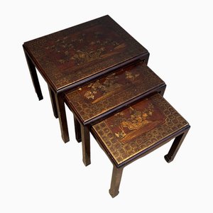 Lacquered Nesting Tables with Chinese Details, 1940s, Set of 3-BA-1700707