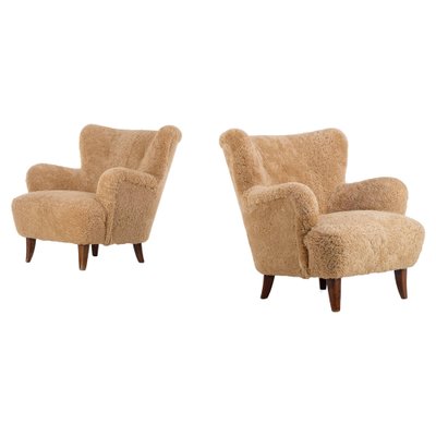 Laila Armchairs in Sheepskin by Ilmari Lappalainen for Asko, 1950s, Set of 2-QU-1761361