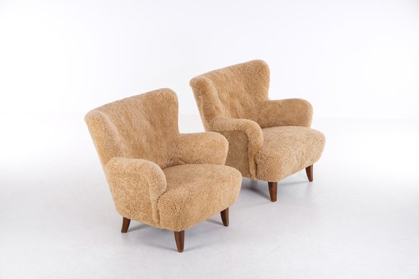 Laila Armchairs in Sheepskin by Ilmari Lappalainen for Asko, 1950s, Set of 2-QU-1761361