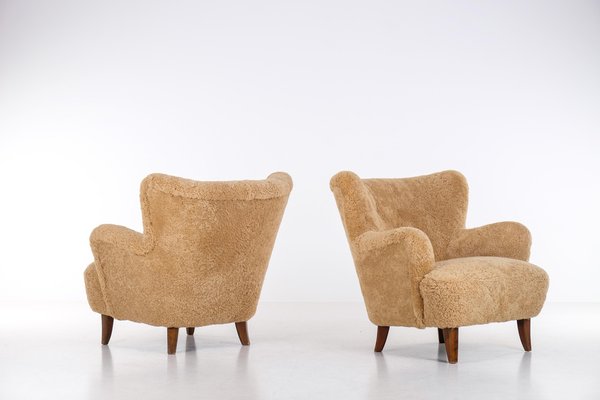 Laila Armchairs in Sheepskin by Ilmari Lappalainen for Asko, 1950s, Set of 2-QU-1761361