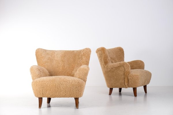 Laila Armchairs in Sheepskin by Ilmari Lappalainen for Asko, 1950s, Set of 2-QU-1761361