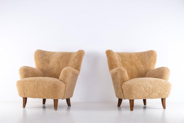 Laila Armchairs in Sheepskin by Ilmari Lappalainen for Asko, 1950s, Set of 2-QU-1761361