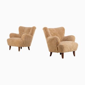 Laila Armchairs in Sheepskin by Ilmari Lappalainen for Asko, 1950s, Set of 2-QU-1761361