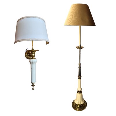 Lamp and Wall Lamp in Gilded Metal and Porcelain, Set of 2-TCS-1442222