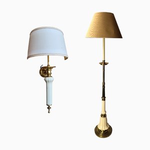 Lamp and Wall Lamp in Gilded Metal and Porcelain, Set of 2-TCS-1442222