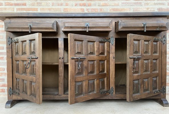 Large 20th Century Catalan Spanish Baroque Carved Walnut Tuscan Credenza or Buffet, 1900s-NOU-1718555