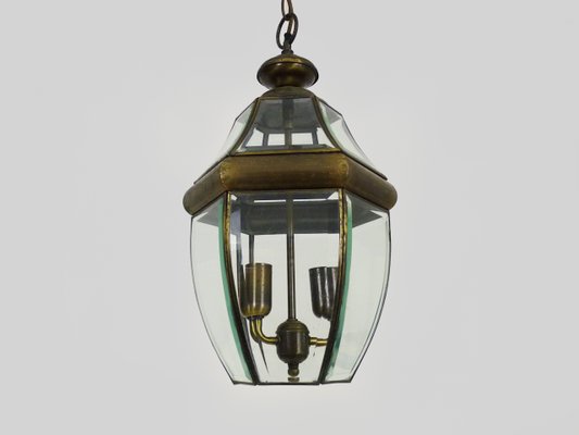 Large and 6-Sided Lantern in Gilded Brass and 2-Light Beveled Glass, 1970s-MZP-2026831