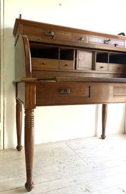 Large Antique Cylinder Writing Desk in Oak-WZZ-970364