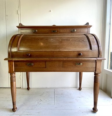 Large Antique Cylinder Writing Desk in Oak-WZZ-970364