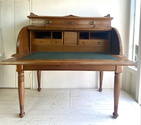 Large Antique Cylinder Writing Desk in Oak-WZZ-970364