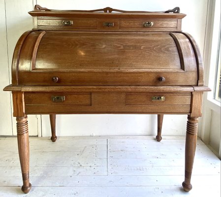 Large Antique Cylinder Writing Desk in Oak-WZZ-970364