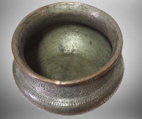 Large Antique Engraved Islamic Tinned Copper Bowl, 1890s-UZN-1400969