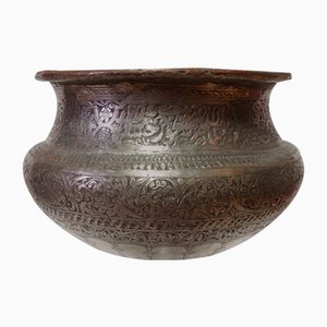 Large Antique Engraved Islamic Tinned Copper Bowl, 1890s-UZN-1400969