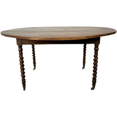 Large Antique French Provençal Walnut Extendable Table with Turned Legs and Brass Wheels-TCS-1704013