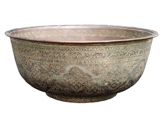 Large Antique Islamic Engraved Tinned Copper Bowl, 1890s-UZN-1408880