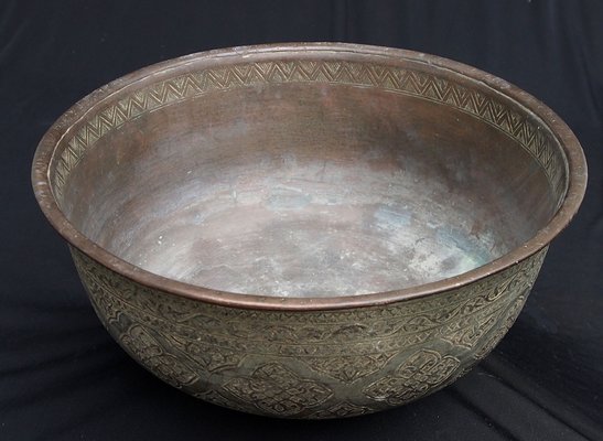 Large Antique Islamic Engraved Tinned Copper Bowl, 1890s-UZN-1408880