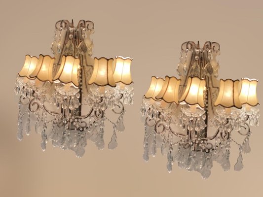 Large Antique Italian Mirrored Crystal Sconces, Set of 2-JJC-1344246