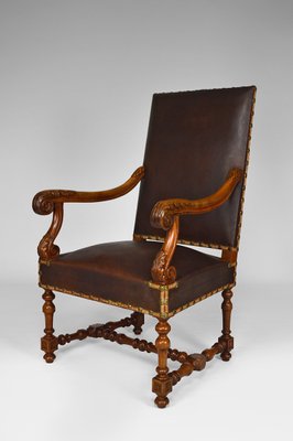 Large Antique Louis XIII Style Leather and Carved Walnut Desk Chair, 1860s-XNH-703433