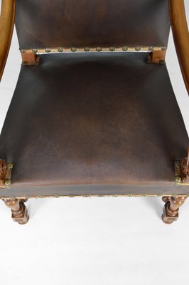 Large Antique Louis XIII Style Leather and Carved Walnut Desk Chair, 1860s-XNH-703433