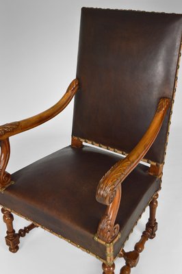 Large Antique Louis XIII Style Leather and Carved Walnut Desk Chair, 1860s-XNH-703433