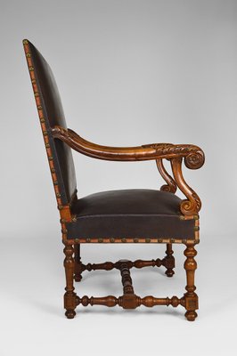 Large Antique Louis XIII Style Leather and Carved Walnut Desk Chair, 1860s-XNH-703433