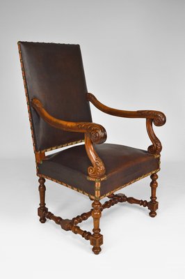 Large Antique Louis XIII Style Leather and Carved Walnut Desk Chair, 1860s-XNH-703433