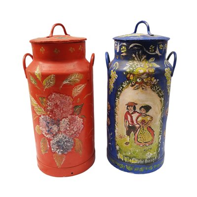 Large Antique Metal Decorative Hand Painted Handled Milk Can, Set of 2-TCS-1250524