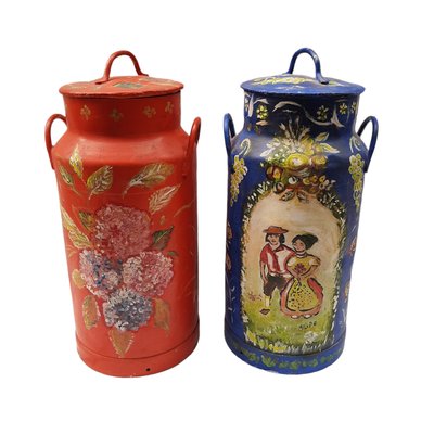 Large Antique Metal Decorative Hand Painted Handled Milk Can, Set of 2-TCS-1250524