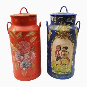 Large Antique Metal Decorative Hand Painted Handled Milk Can, Set of 2-TCS-1250524