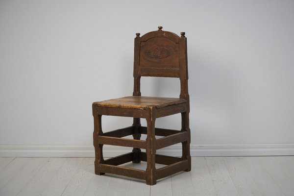 Large Antique Swedish Baroque Brown Pine Chair-MJF-1808298