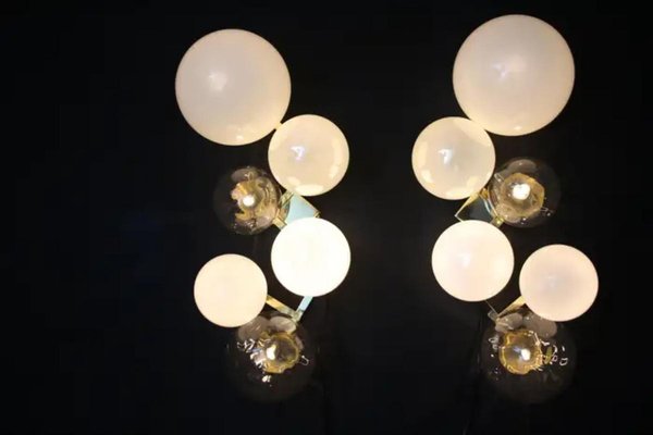 Large Architectural Murano Glass Wall Lights with Iridescent Glass Globes, Set of 2-YF-1786621