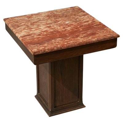 Large Art Deco Pedestal Side Table in Oak and Expressive Red Marble, 1930s-FEW-2024239