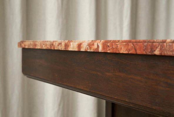 Large Art Deco Pedestal Side Table in Oak and Expressive Red Marble, 1930s-FEW-2024239