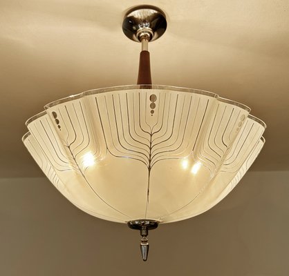 Large Art Deco Pendant Light in Glass and Wood, 1930s-GUT-2027978