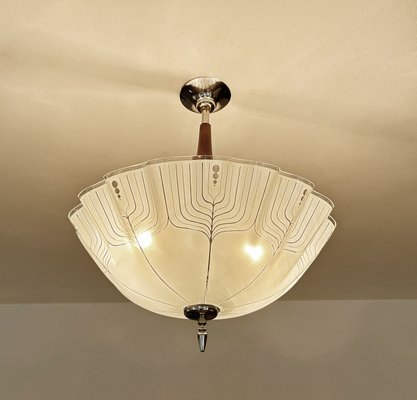 Large Art Deco Pendant Light in Glass and Wood, 1930s-GUT-2027978