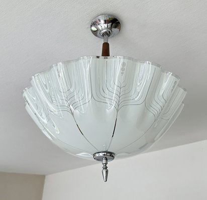 Large Art Deco Pendant Light in Glass and Wood, 1930s-GUT-2027978