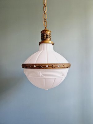 Large Art Deco Pendant Light in Milky White Glass and Openwork Brass, 1920s-FAX-2041811