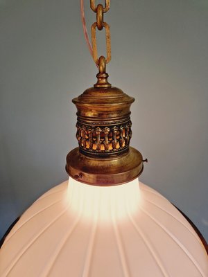 Large Art Deco Pendant Light in Milky White Glass and Openwork Brass, 1920s-FAX-2041811