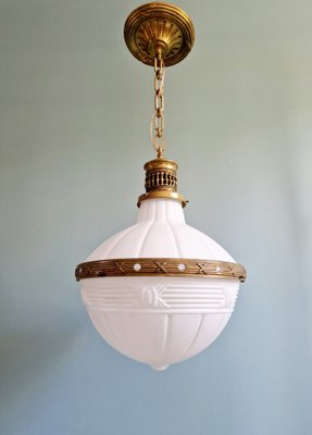 Large Art Deco Pendant Light in Milky White Glass and Openwork Brass, 1920s-FAX-2041811